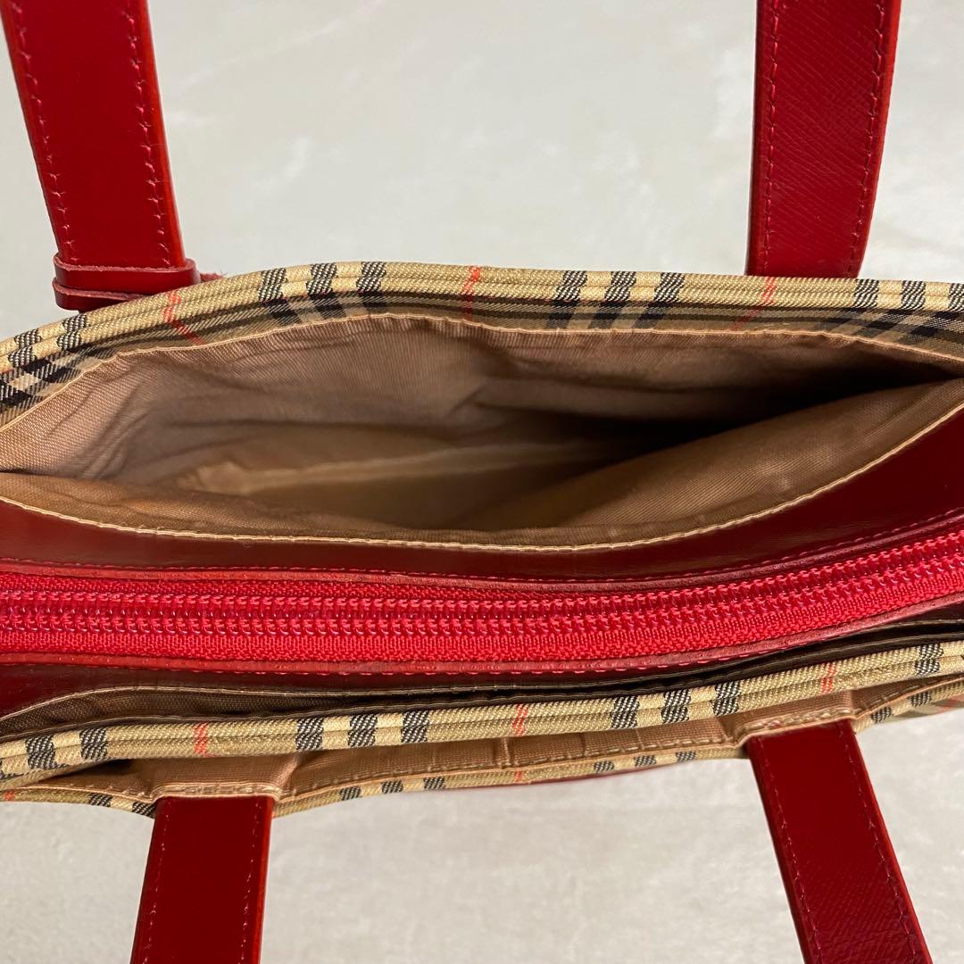 【定番人気】バーバリー ハンドバッグ キャンバス ノバチェック レッド チャーム