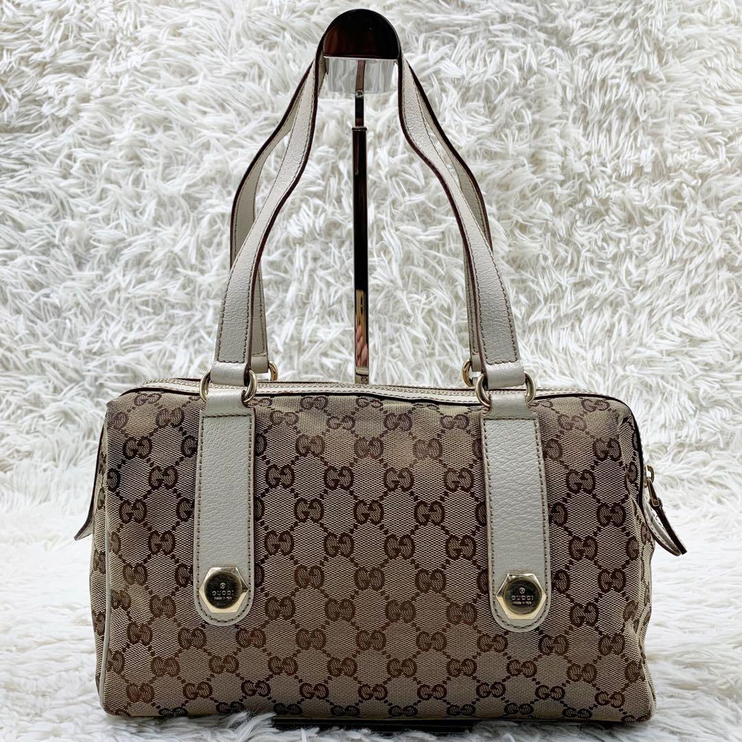 【✨美品✨】グッチ ミニボストンバッグ GGキャンバス レザー ホワイト 保存袋