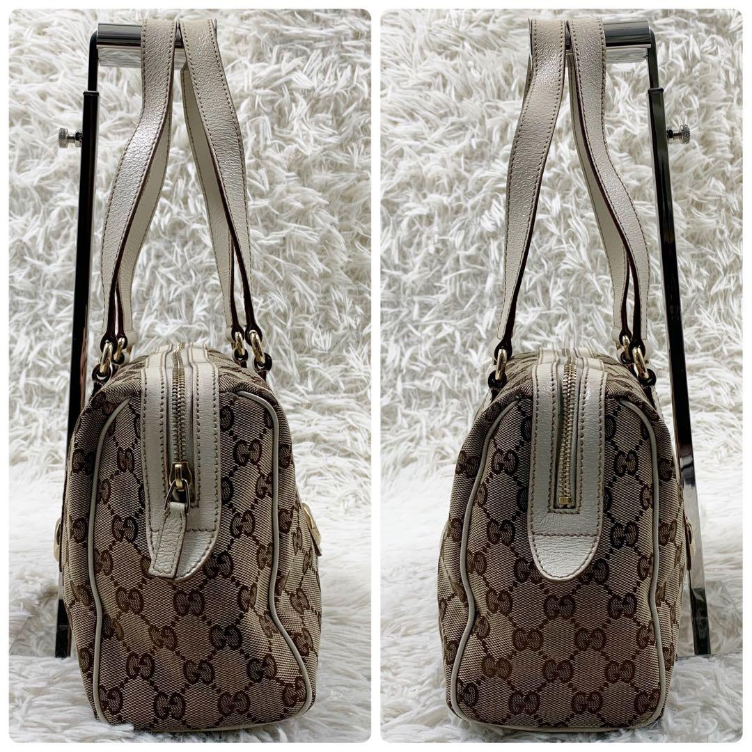【✨美品✨】グッチ ミニボストンバッグ GGキャンバス レザー ホワイト 保存袋