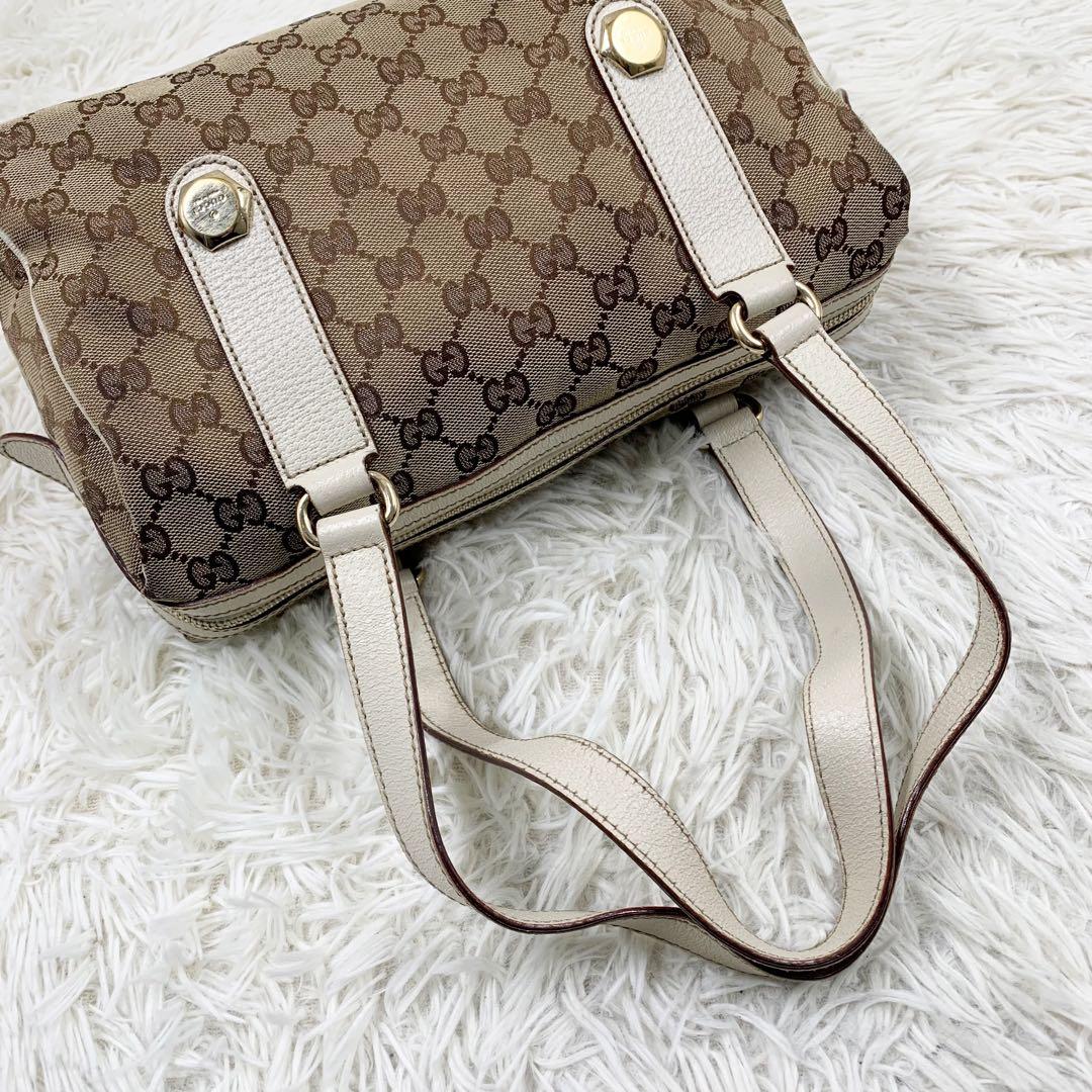 【✨美品✨】グッチ ミニボストンバッグ GGキャンバス レザー ホワイト 保存袋