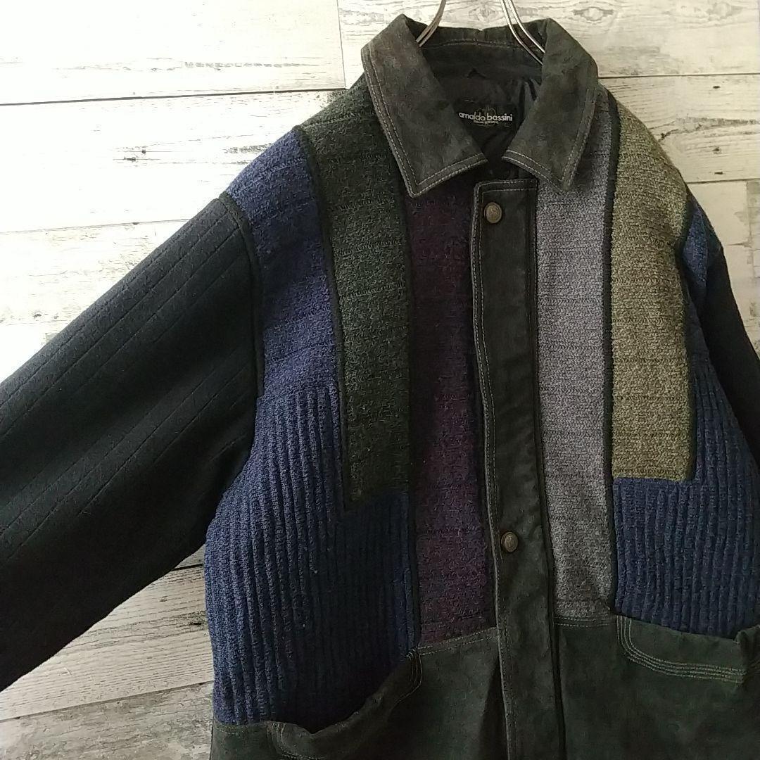 お洒落デザイン☆襟裾レザー ニット 異素材切替 中綿入り ジャケット L