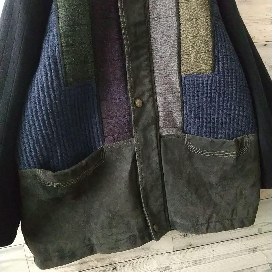 お洒落デザイン☆襟裾レザー ニット 異素材切替 中綿入り ジャケット L