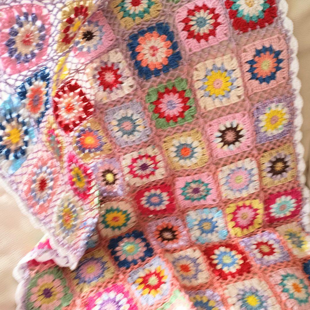 手編みブランケット★カラフル★グラニースクエア★コットン