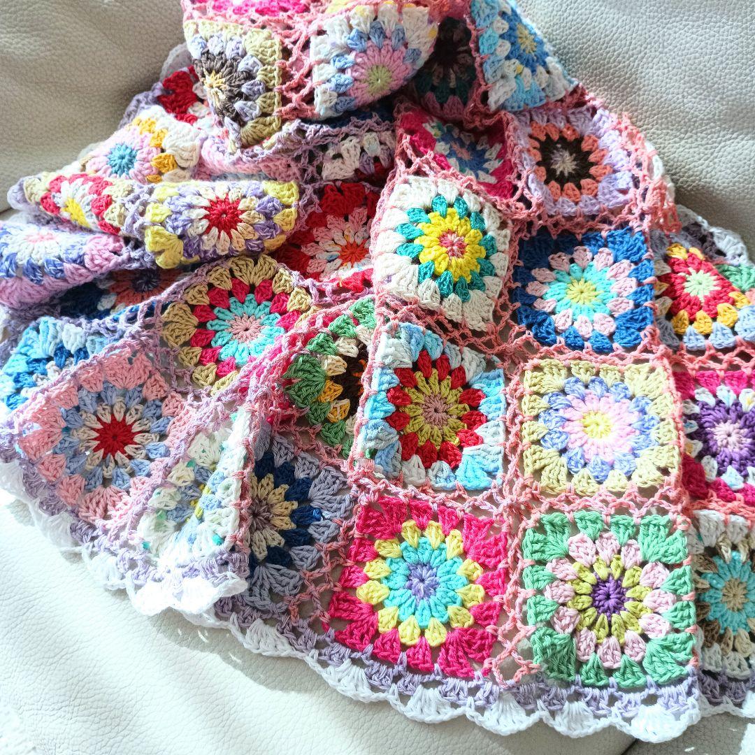 手編みブランケット★カラフル★グラニースクエア★コットン