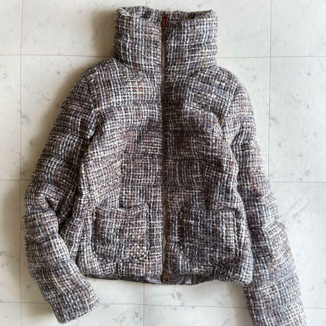 美品 ヘルノ サイズ44 ツイード スタンドカラー ショート ダウンジャケット