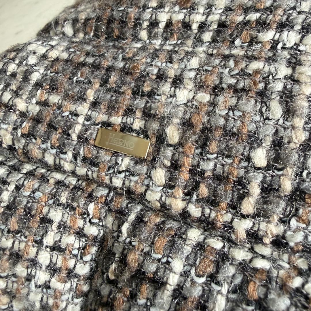 美品 ヘルノ サイズ44 ツイード スタンドカラー ショート ダウンジャケット