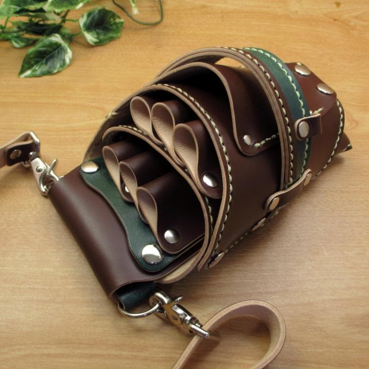 ブラウン＆Dグリーン　革ベルト付　６丁　本革シザーケース　SCL-100/CBB