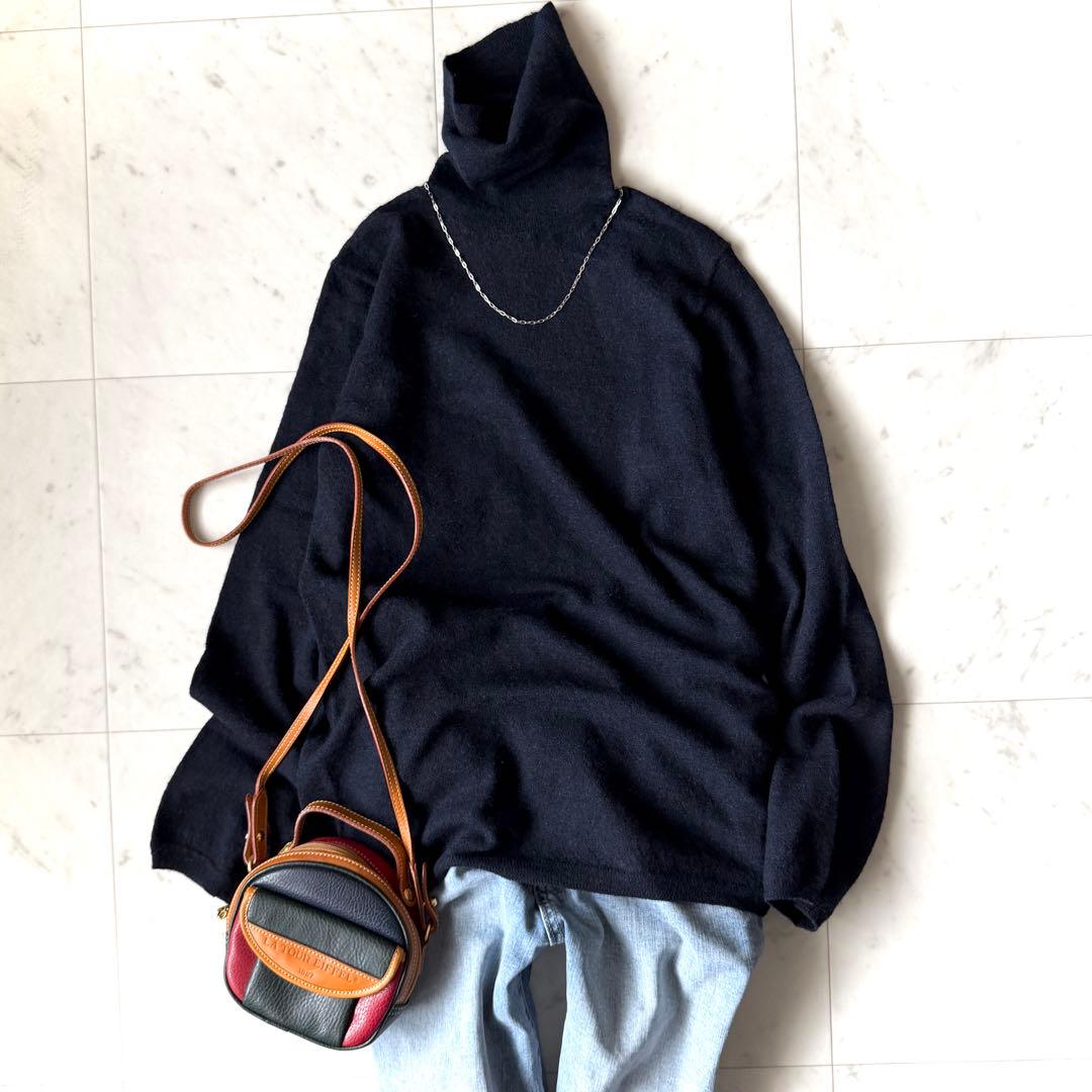 美品 45R ウール100% タートルネックセーター ネイビー 3 シンプル