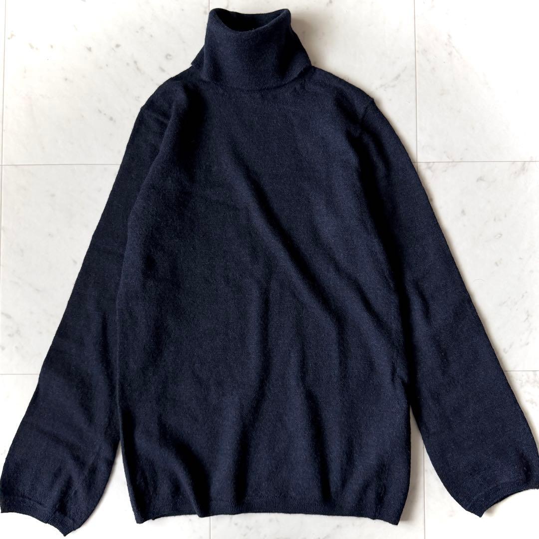 美品 45R ウール100% タートルネックセーター ネイビー 3 シンプル