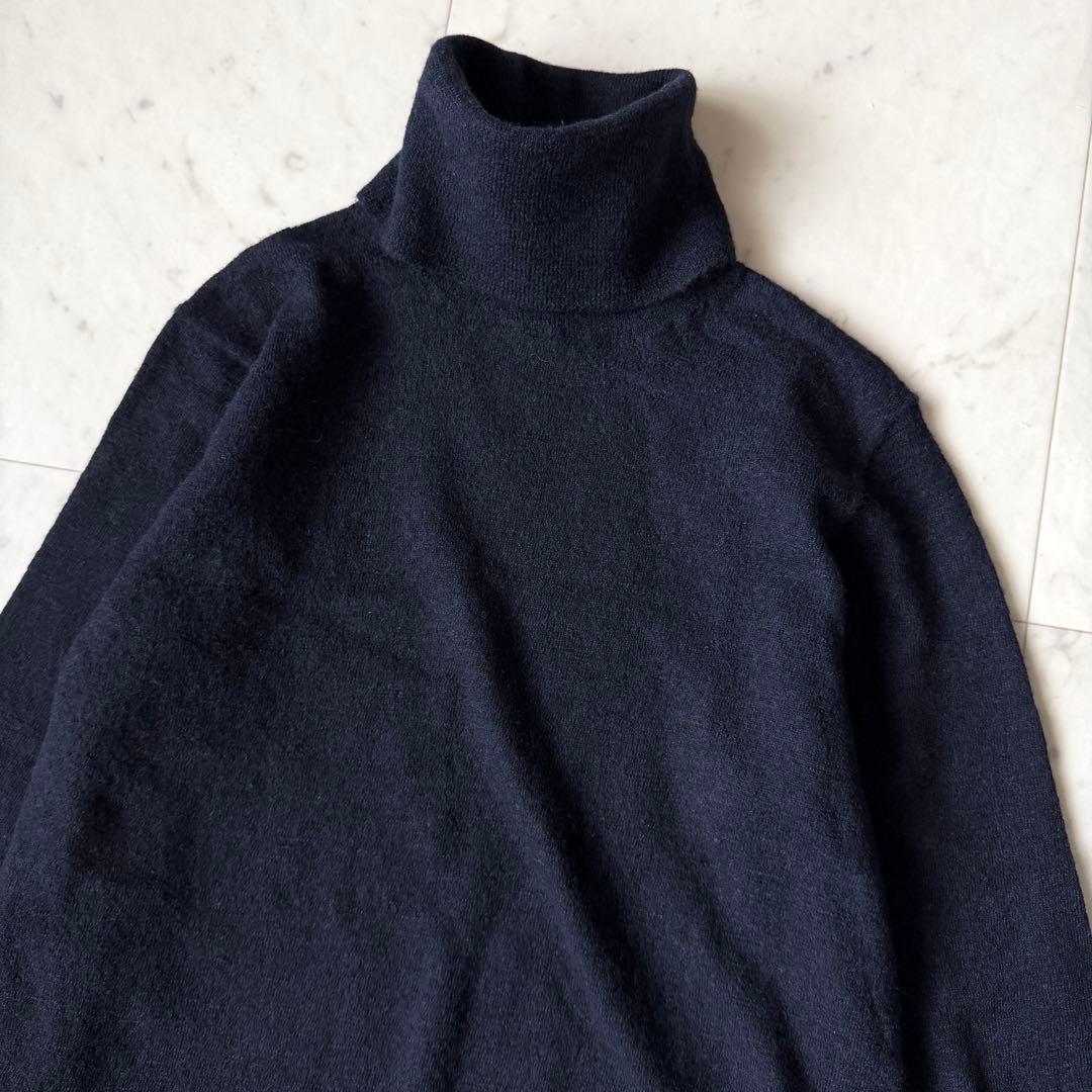 美品 45R ウール100% タートルネックセーター ネイビー 3 シンプル