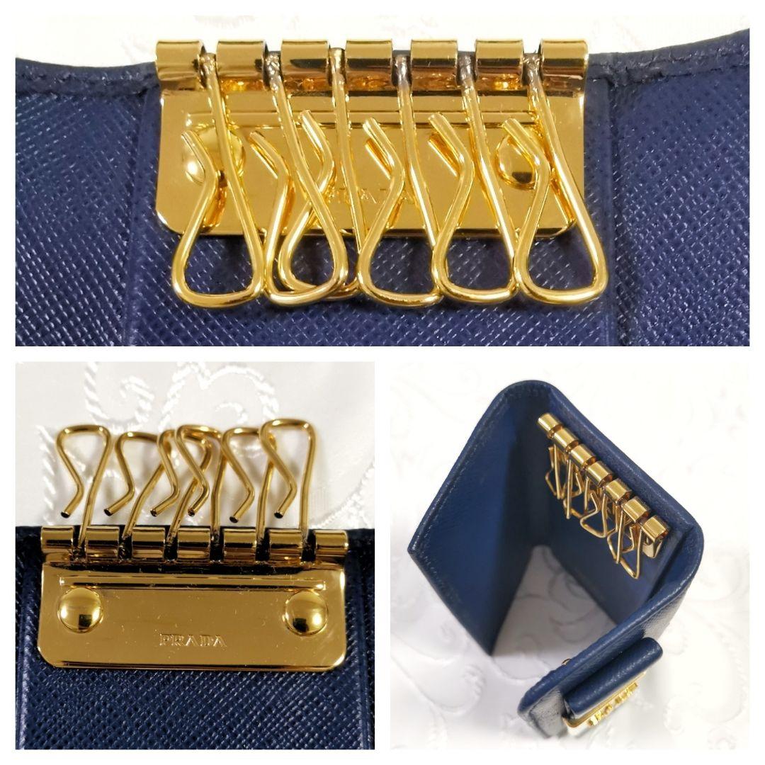 美品　プラダ　PRADA　サフィアーノ　リボン　キーケース　ゴールドロゴ　紺