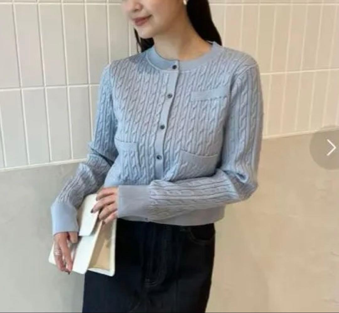 【美品】anuans サックス リトルケーブルニットカーディガン