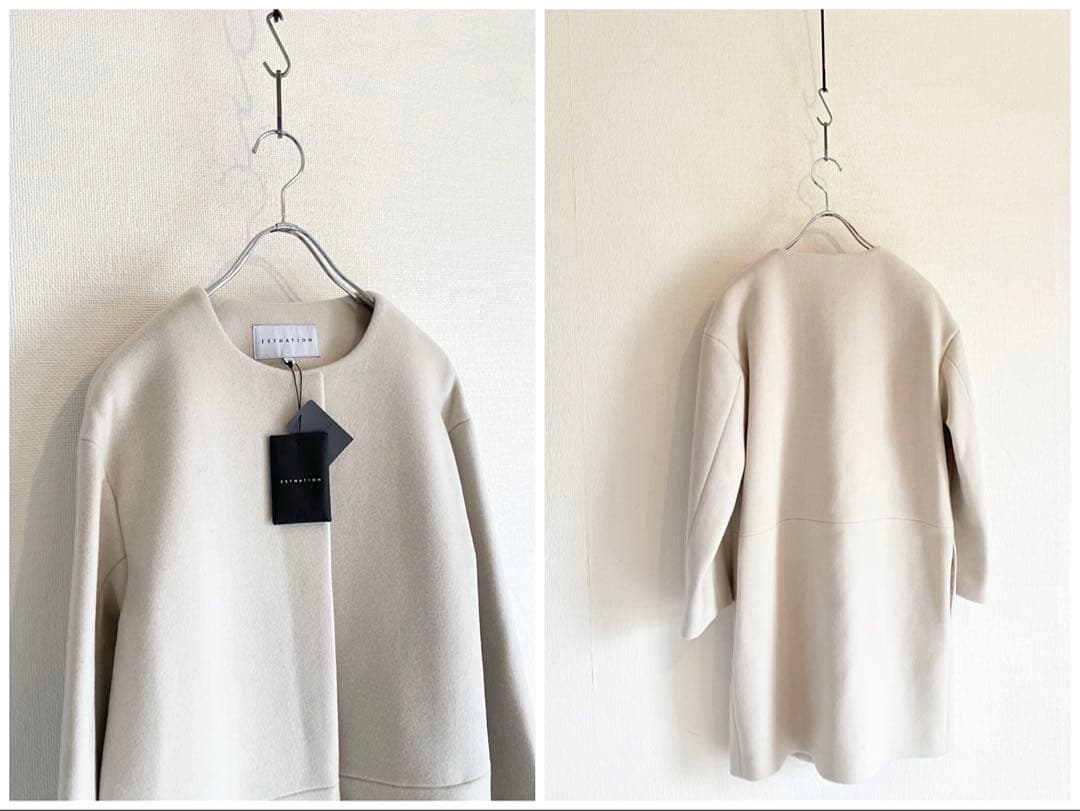 未使用タグ付 ESTNATION ウールビーバー ノーカラーコート アイボリー