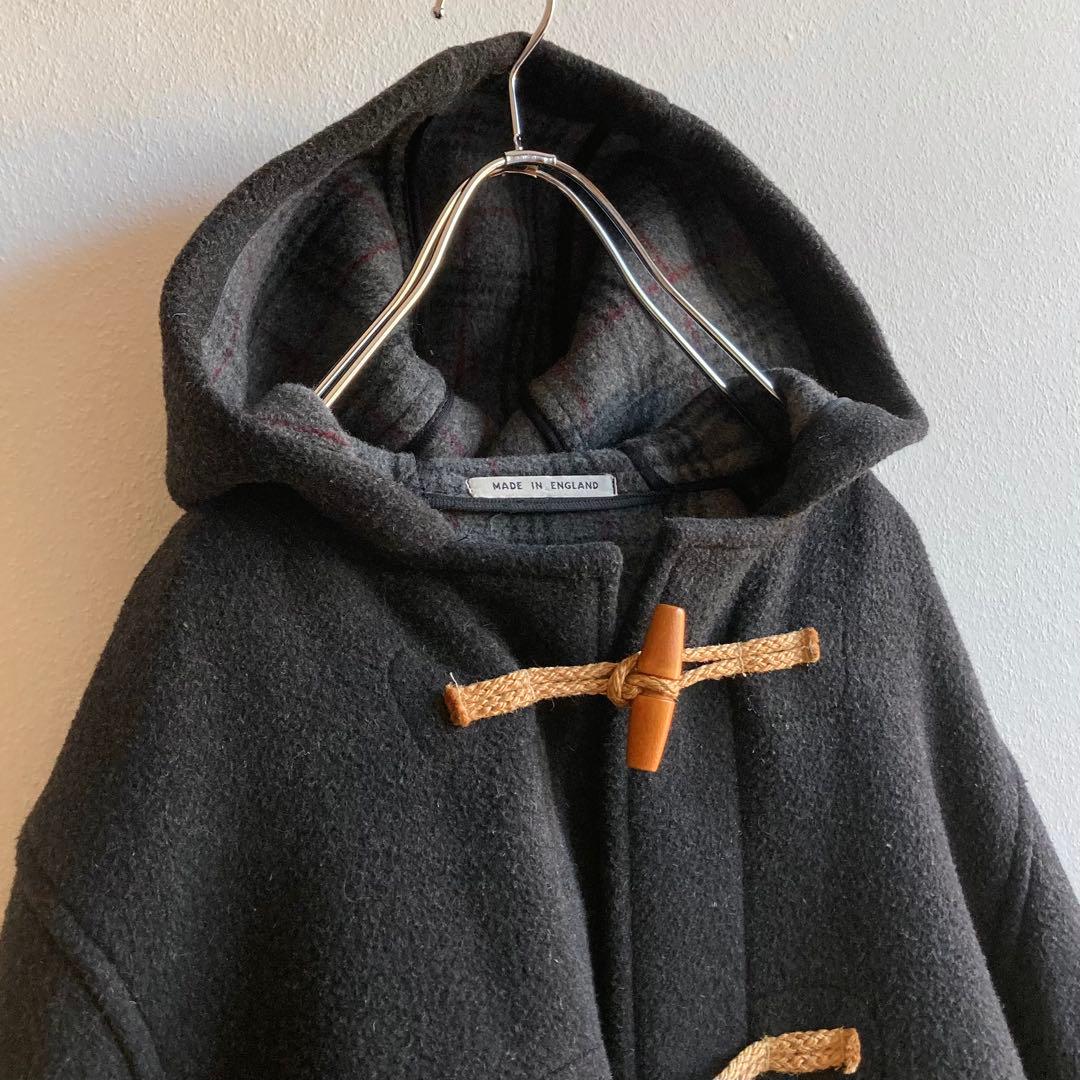 ビンテージ 英国製 ウール メルトン 裏チェック ロング ダッフルコート 36