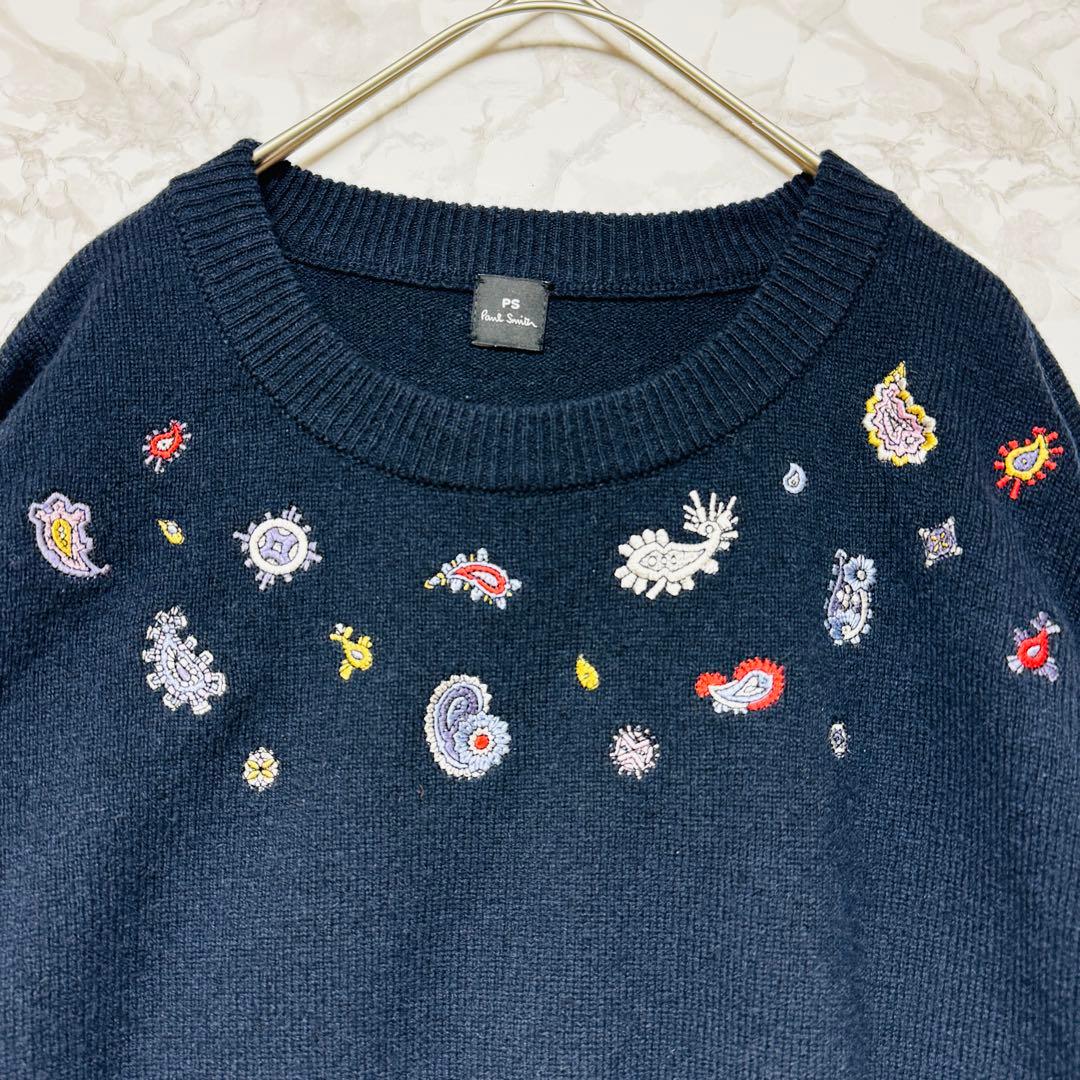 PS Paul Smith ニット ペイズリー風モチーフ刺繍 プルオーバー M