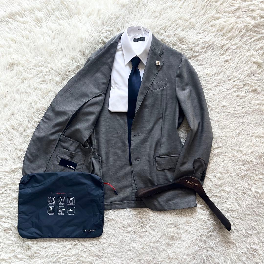 <美品>LARDINI easy wear 新ロゴ グレー ウールジャケット48