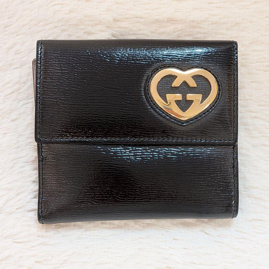 美品✨️グッチ 二つ折り財布 ラブリーハート レザー ブラック ピンク Wホック