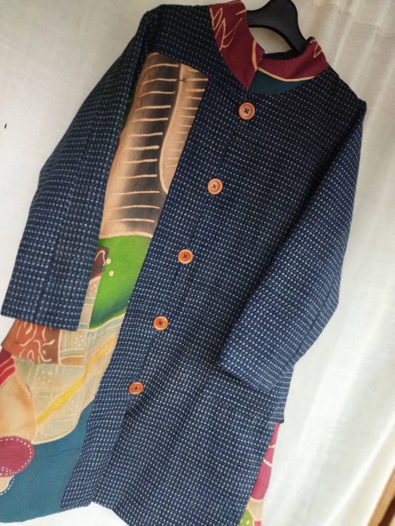 め*り様 着物リメイク　古布リメイク　書生絣　柿渋染　幟旗　キルティング　防寒