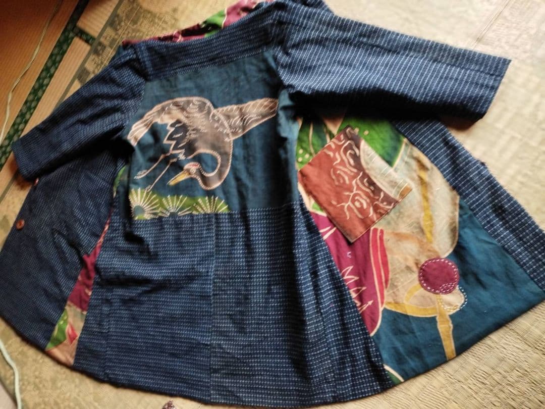 め*り様 着物リメイク　古布リメイク　書生絣　柿渋染　幟旗　キルティング　防寒