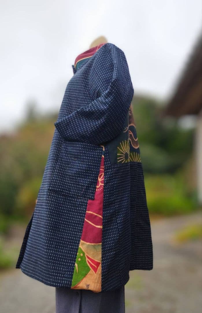 め*り様 着物リメイク　古布リメイク　書生絣　柿渋染　幟旗　キルティング　防寒