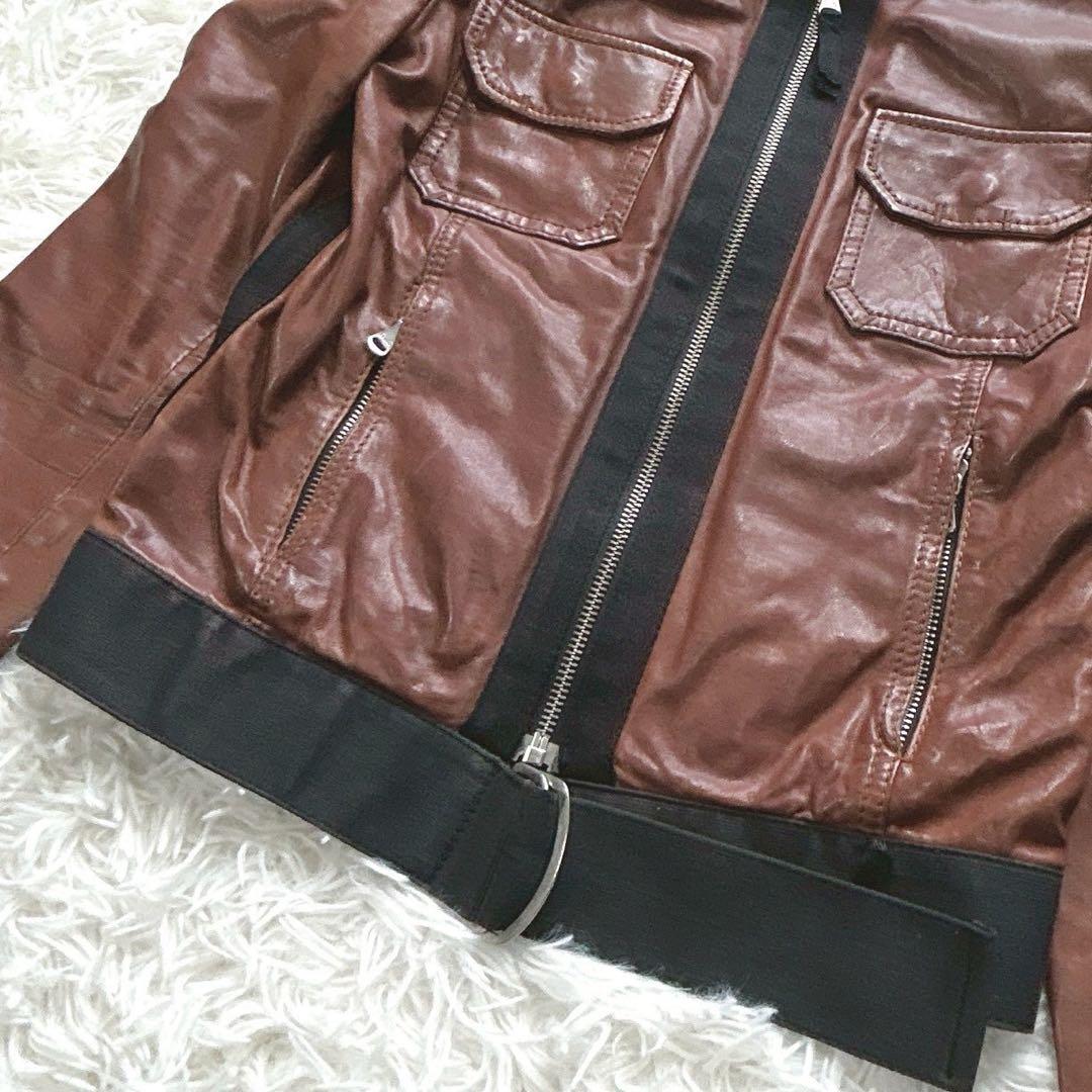 D&G レザージャケット シングルライダース ブラウン レオパード 40