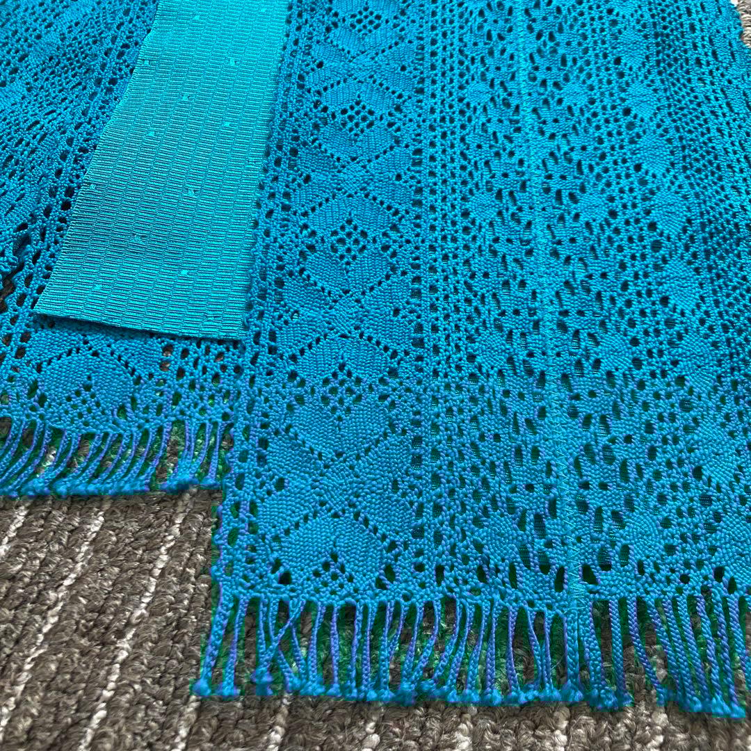 撫松庵　ターコイズブルーのレースが目を引く半幅帯　ポリエステル　中古美品 値下