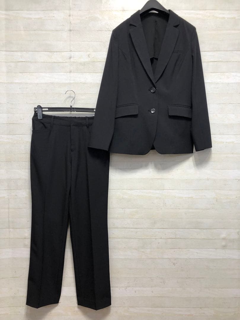 新品☆13号L♪黒系無地♪テーラード＆ストレートパンツスーツ♪お仕事◯D431