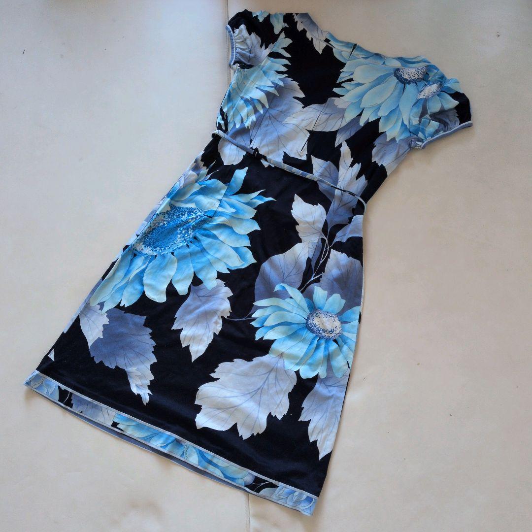 超*離様 Leonard 青黒花柄 半袖ワンピース L