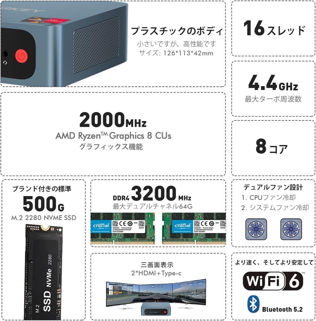 TRIGKEY ミニPC AMD Ryzen7 8コア 500GB 16GB