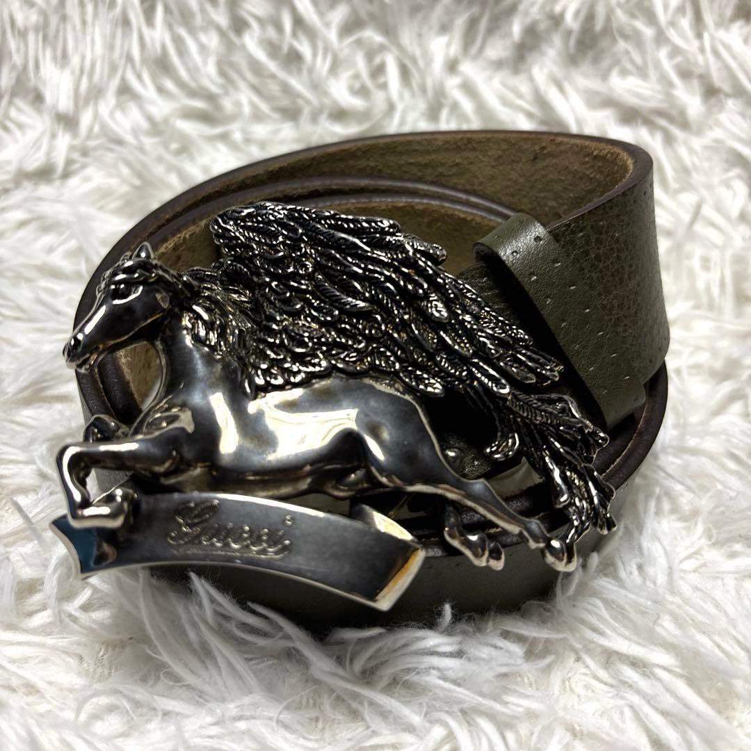 GUCCI グッチ ペガサス ベルト シルバーバックル 本革レザー カーキ 希少