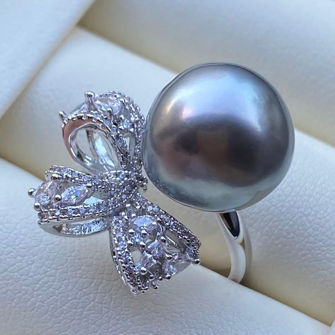 本真珠　南洋黒蝶真珠タヒチパールリング　14*13.5mmグレーグリーンL981