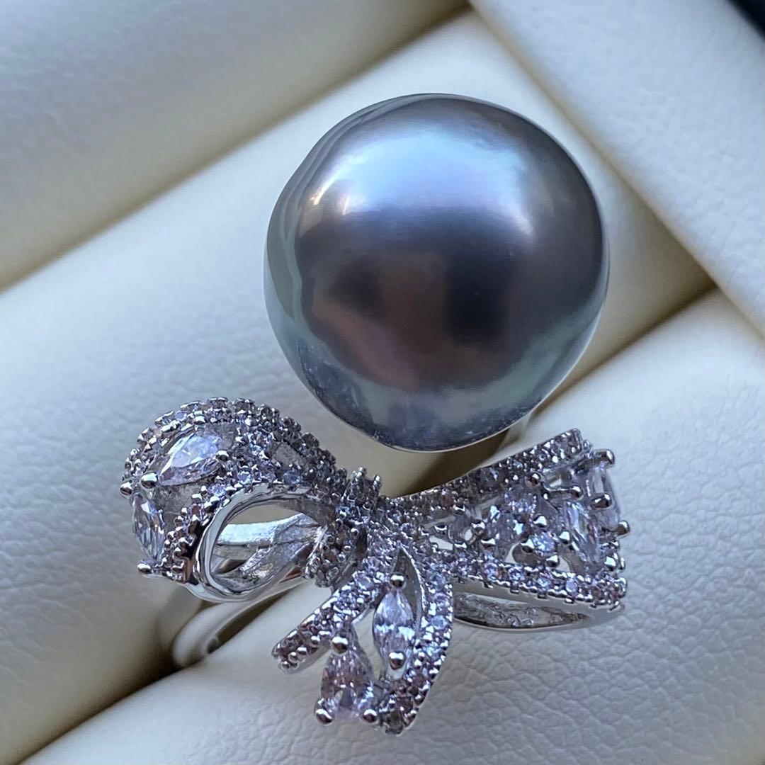 本真珠　南洋黒蝶真珠タヒチパールリング　14*13.5mmグレーグリーンL981