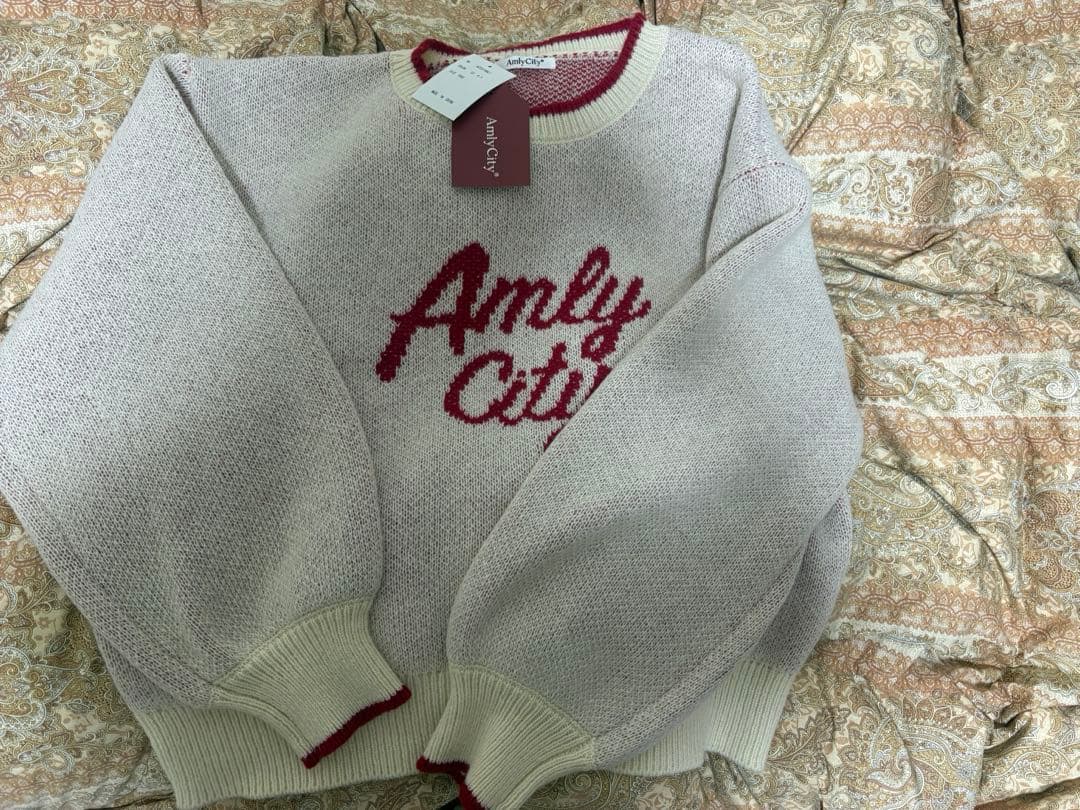 AmlyCity バイカラーロゴニット　赤　アンリーシティー