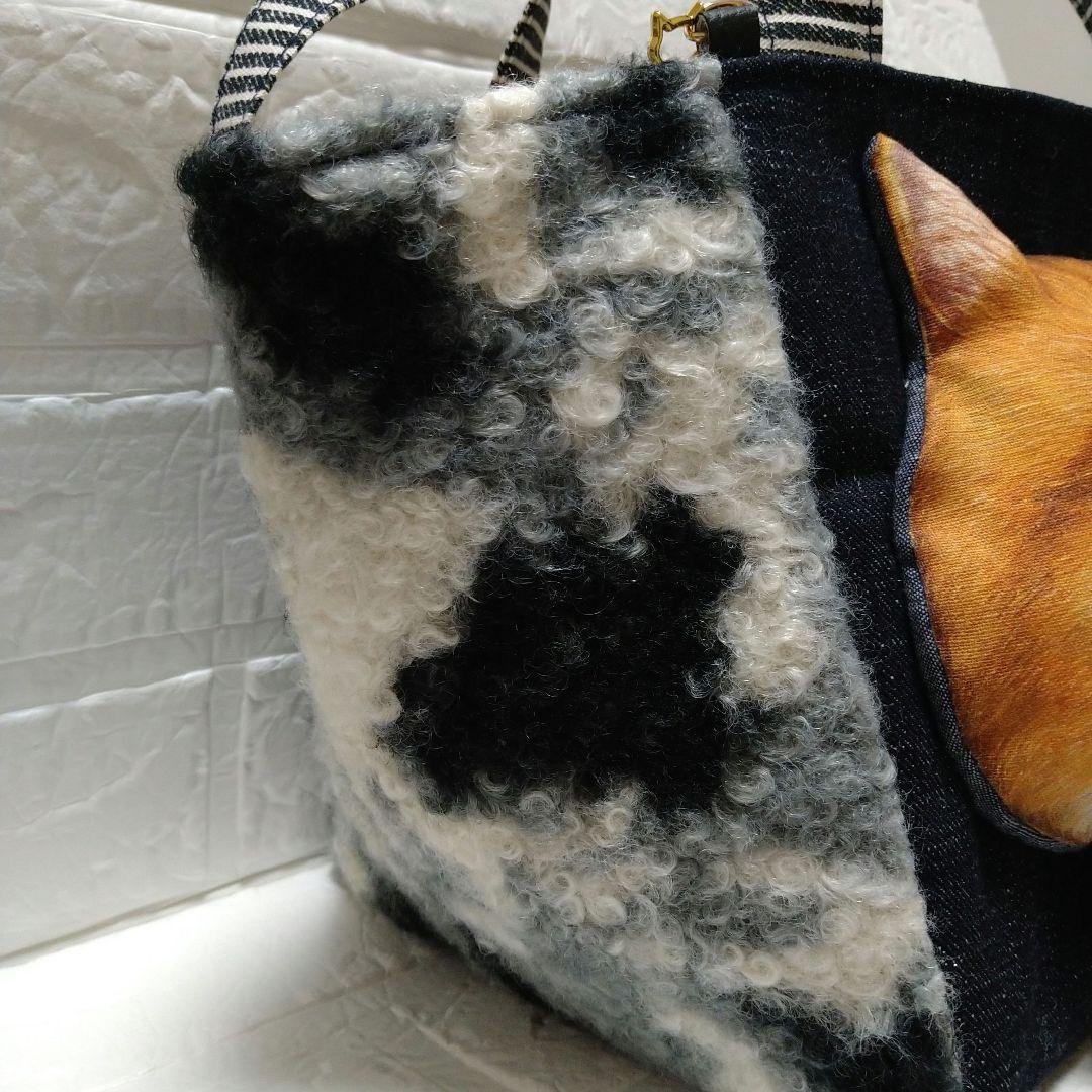 お*ん様 コヤンイサムチョン☆スクエアトートバッグ　デニム＆もこもこボア　ふてに