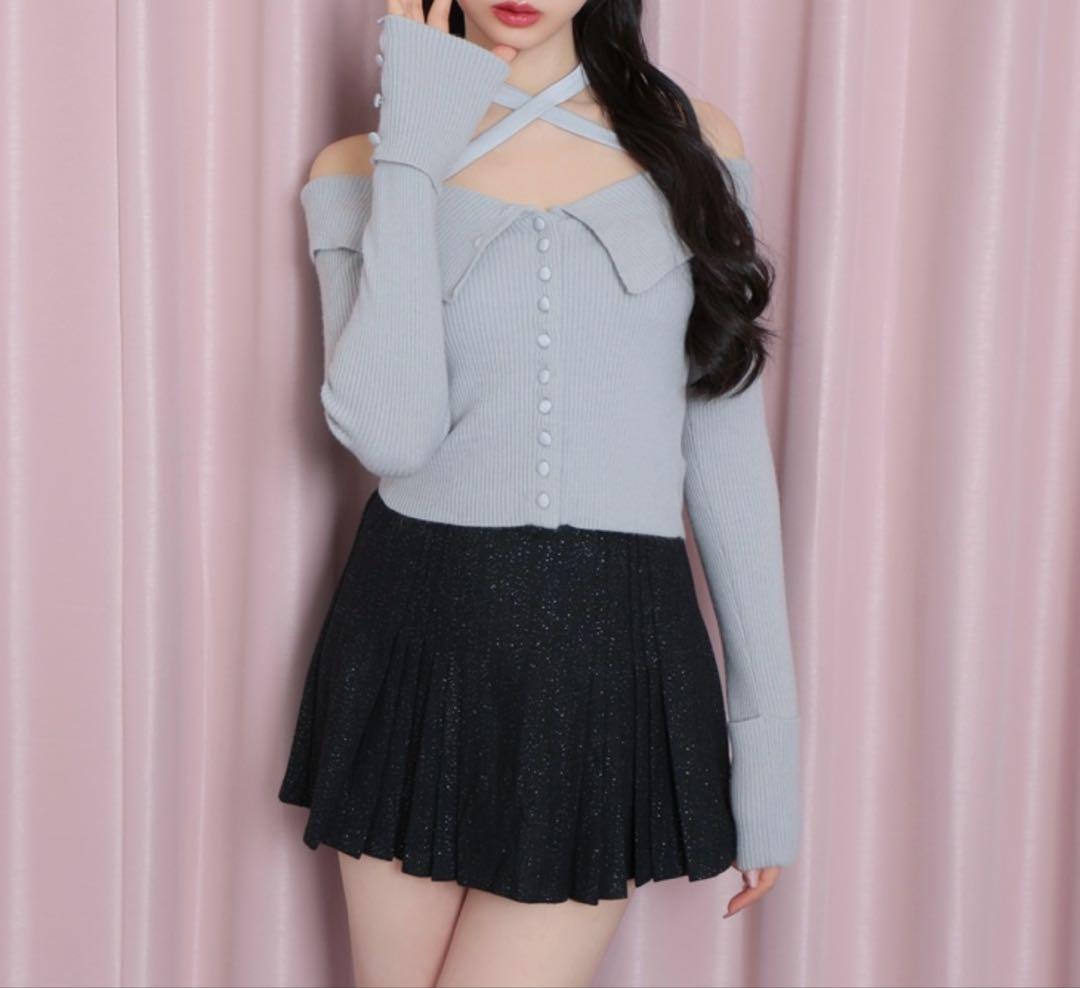 エムミーエメ デコルテ リボン オフショルダー ニット トップス ブルー