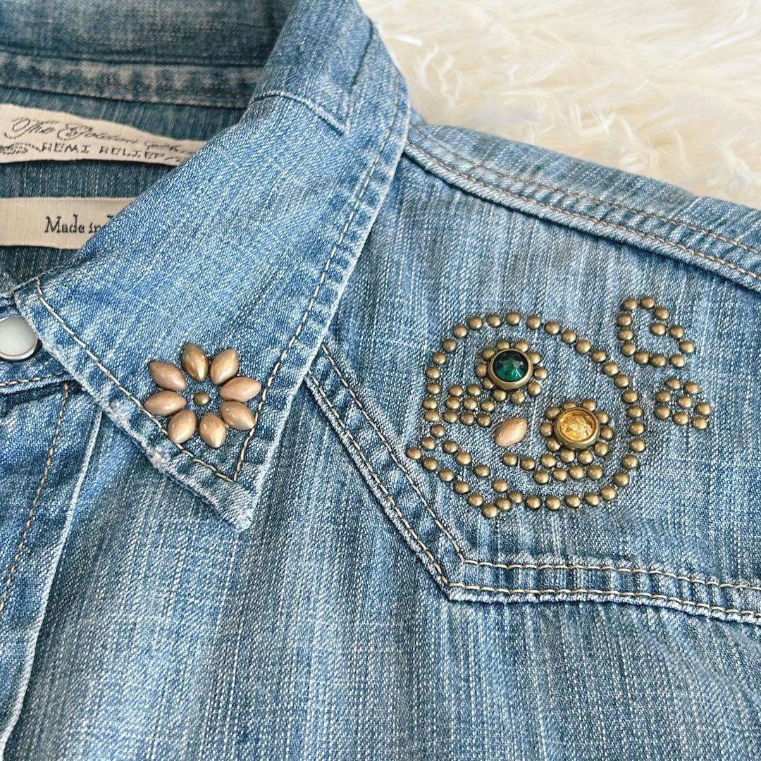 コーンレミレリーフ スカル スタッズ デニムウエスタンシャツM