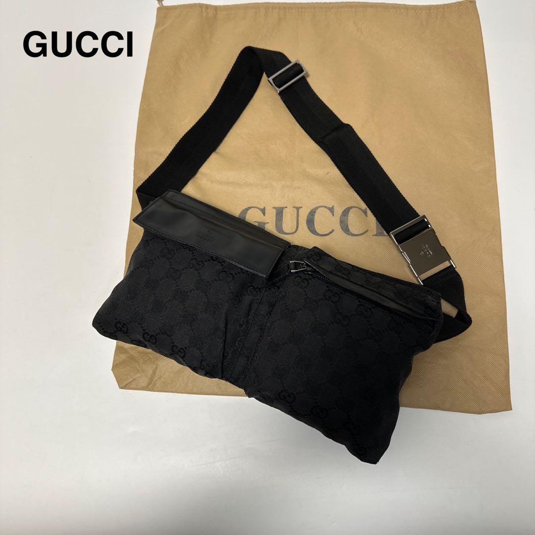 r17【美品】グッチ　GGキャンバス レザー　ブラック　ウエストポーチショルダー