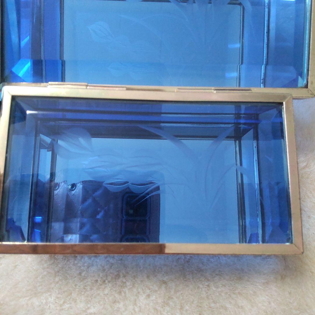 最終値下げ　昭和　レトロガラス小物入れ　ブルーガラス　ジュエリーボックス　3個組