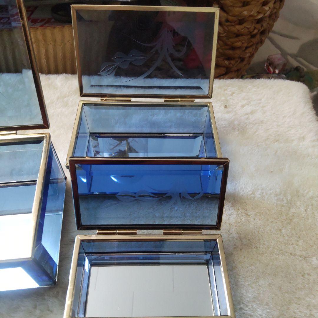 最終値下げ　昭和　レトロガラス小物入れ　ブルーガラス　ジュエリーボックス　3個組