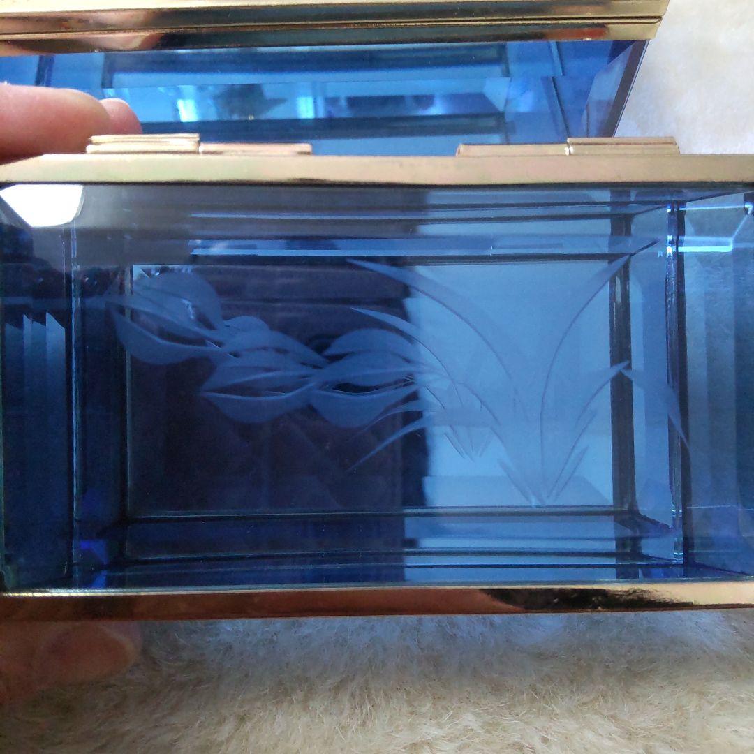 最終値下げ　昭和　レトロガラス小物入れ　ブルーガラス　ジュエリーボックス　3個組