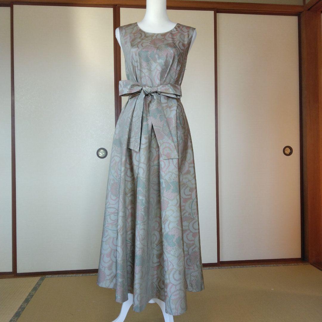 白大島紬解き生地からバイアス仕立てロングフレアーワンピース　Ｍ寸