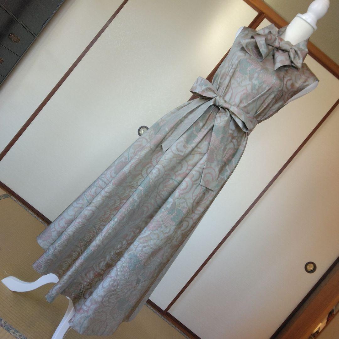 白大島紬解き生地からバイアス仕立てロングフレアーワンピース　Ｍ寸