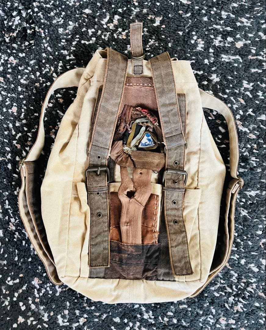 ◆柿渋と山葡萄の装飾 帆布リュック USED ベージュ×ブラウン◆