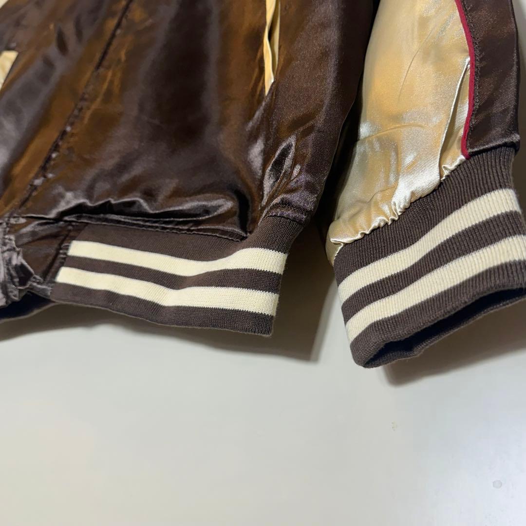 【新品未使用】双龍 刺繍スカジャン茶ブラウン金ロゴ和柄 サテンL〜XL