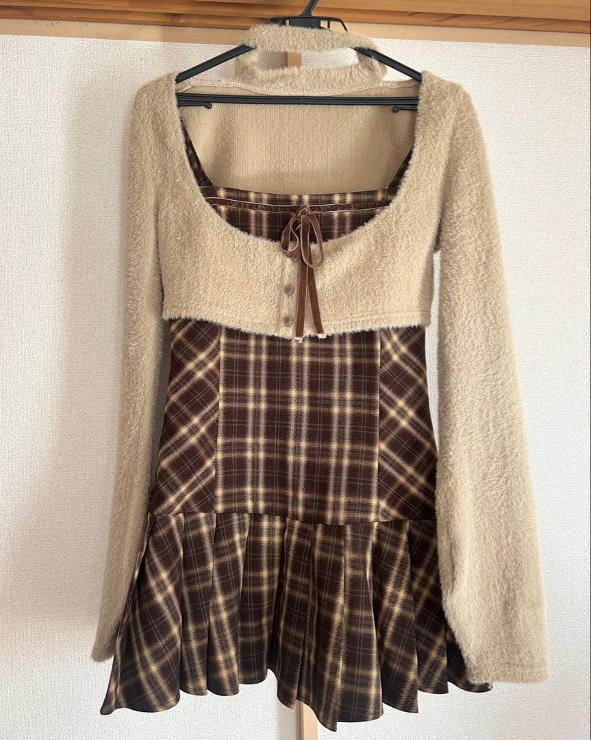 bunnylis ファーボレロ×チェックミニワンピ ブラウン M