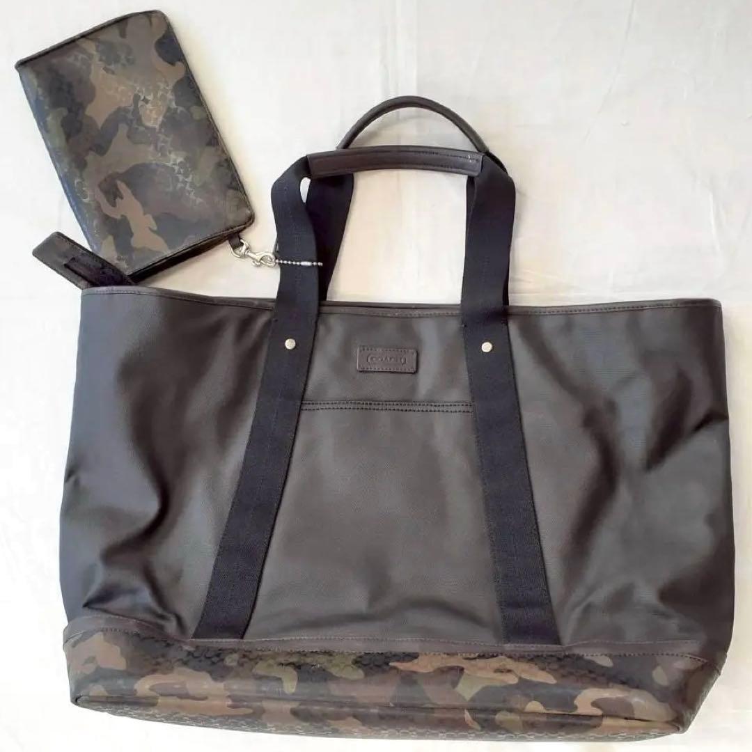 【良品】COACH コーチ 迷彩トートバッグ ポーチ付き 大容量