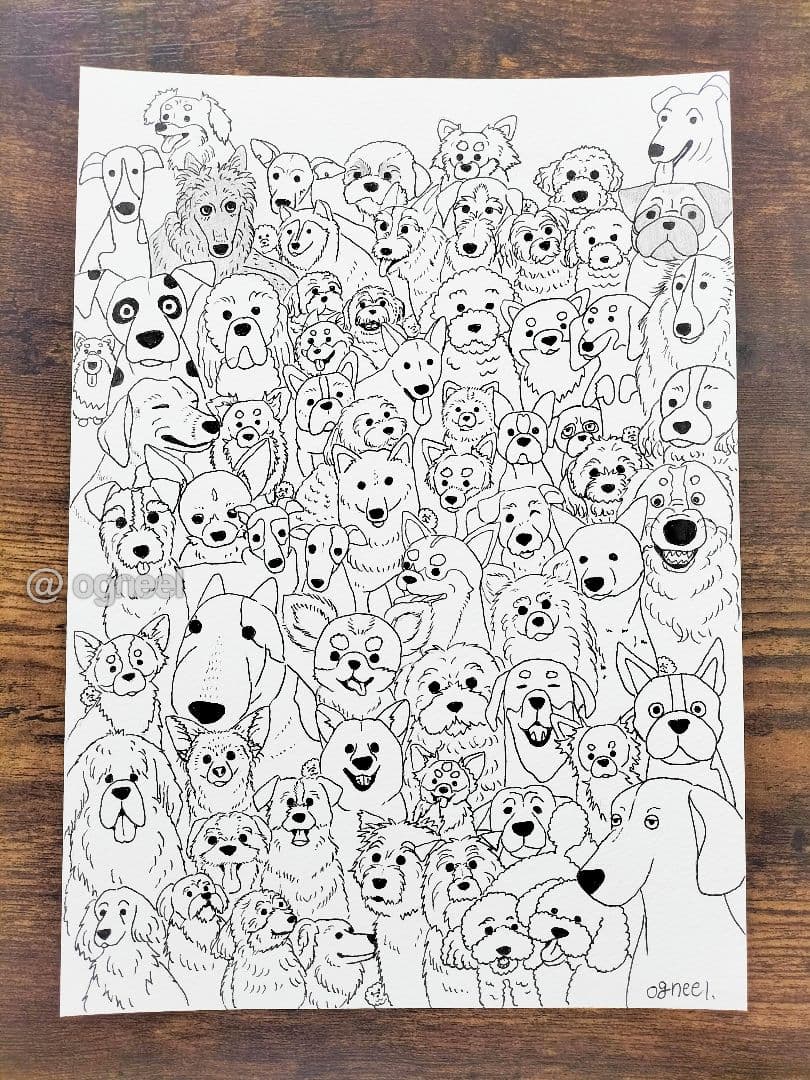 ま*る様 【第5弾　ワンちゃん大集合！】　ペン画　原画　一点もの　犬