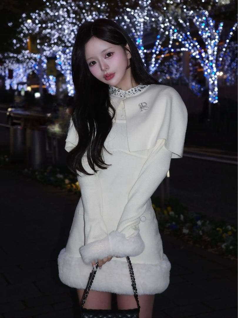 ダーリッチ Darich ビジューケープニットミニワンピース ホワイト FL