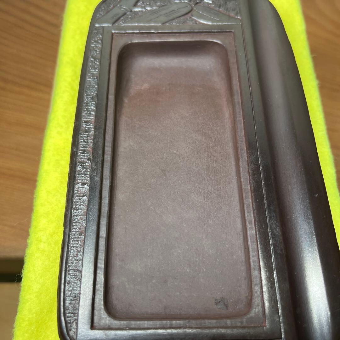 ⭕️赤間硯　新品美品　縄田宝泉　石蓋付き彫刻入硯　縄田製硯所　墨持ち良し