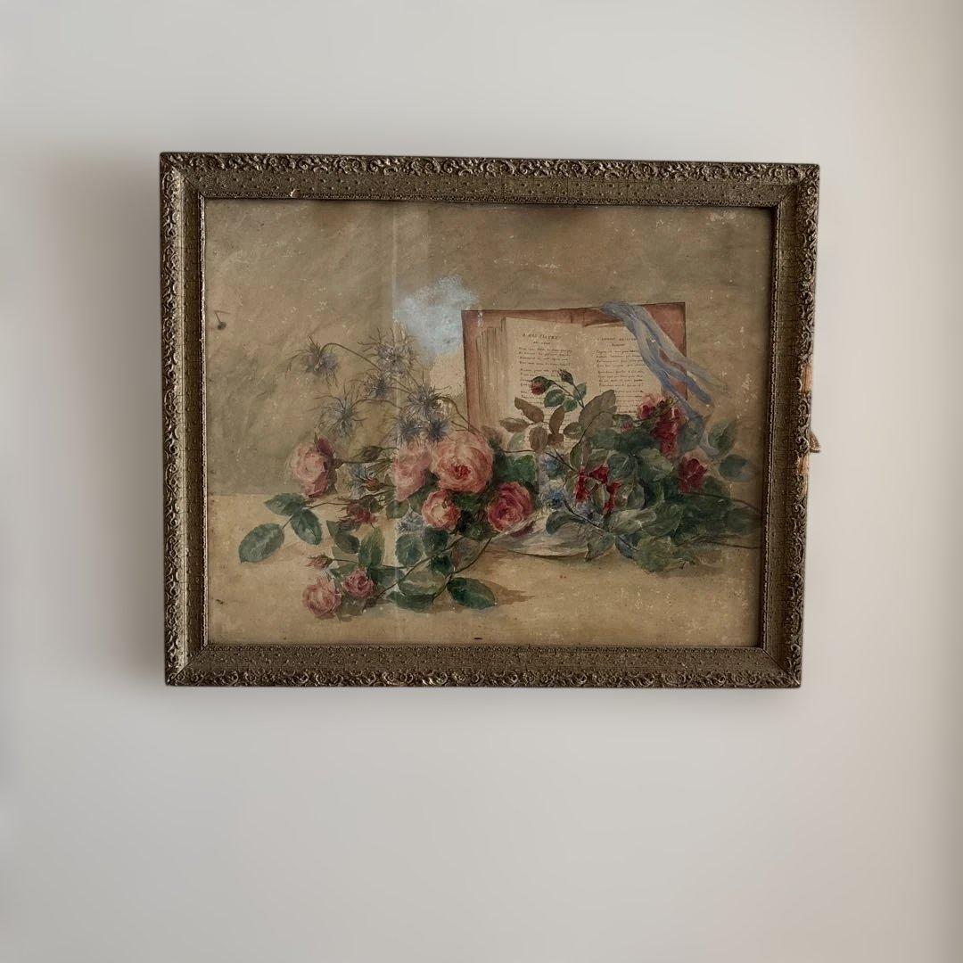 フランスアンティーク 水彩画 薔薇